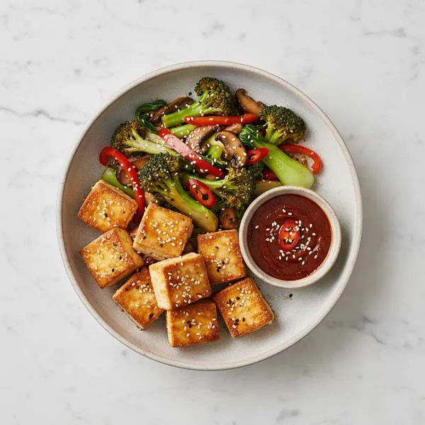 Chamgireum Tofu with Broccoli Mushroom Stir Fry and Spicy Ssamjang
